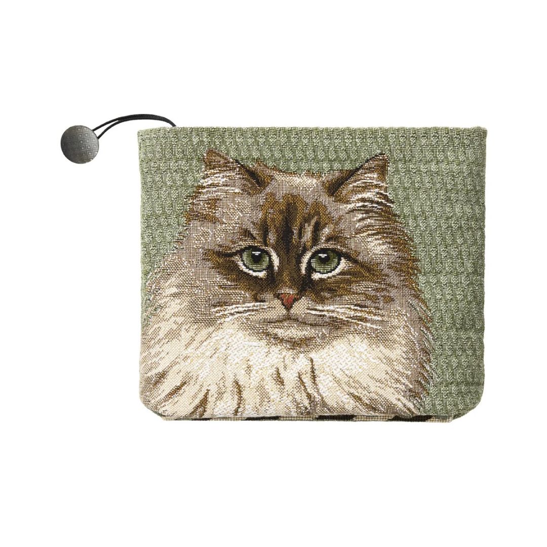 Small zippered pouch featuring a cotton jacquard tapestry portrait of a long-haired cat on a green background.