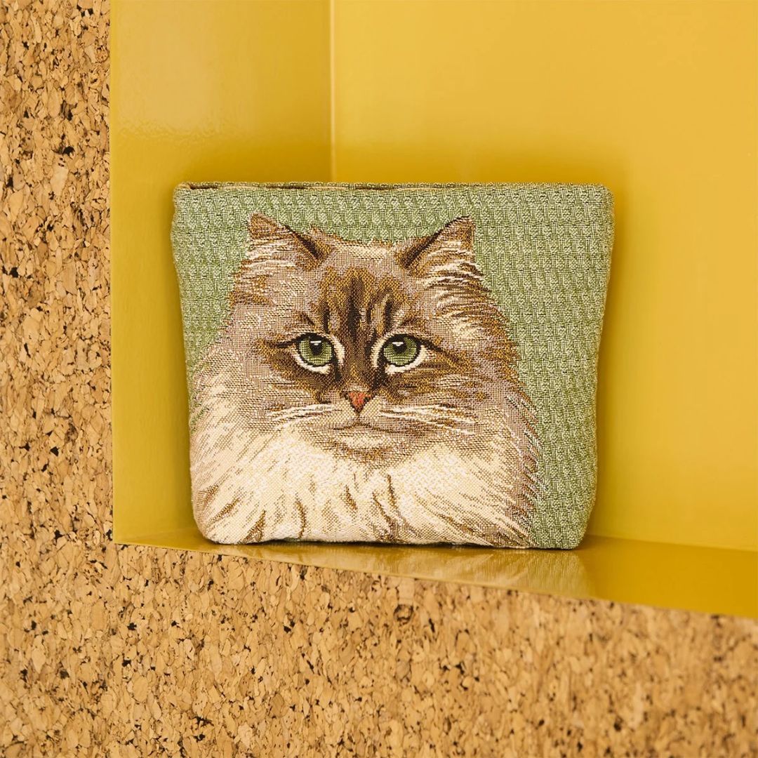 Small cotton jacquard tapestry pouch featuring a woven portrait of a long-haired cat on a green background.