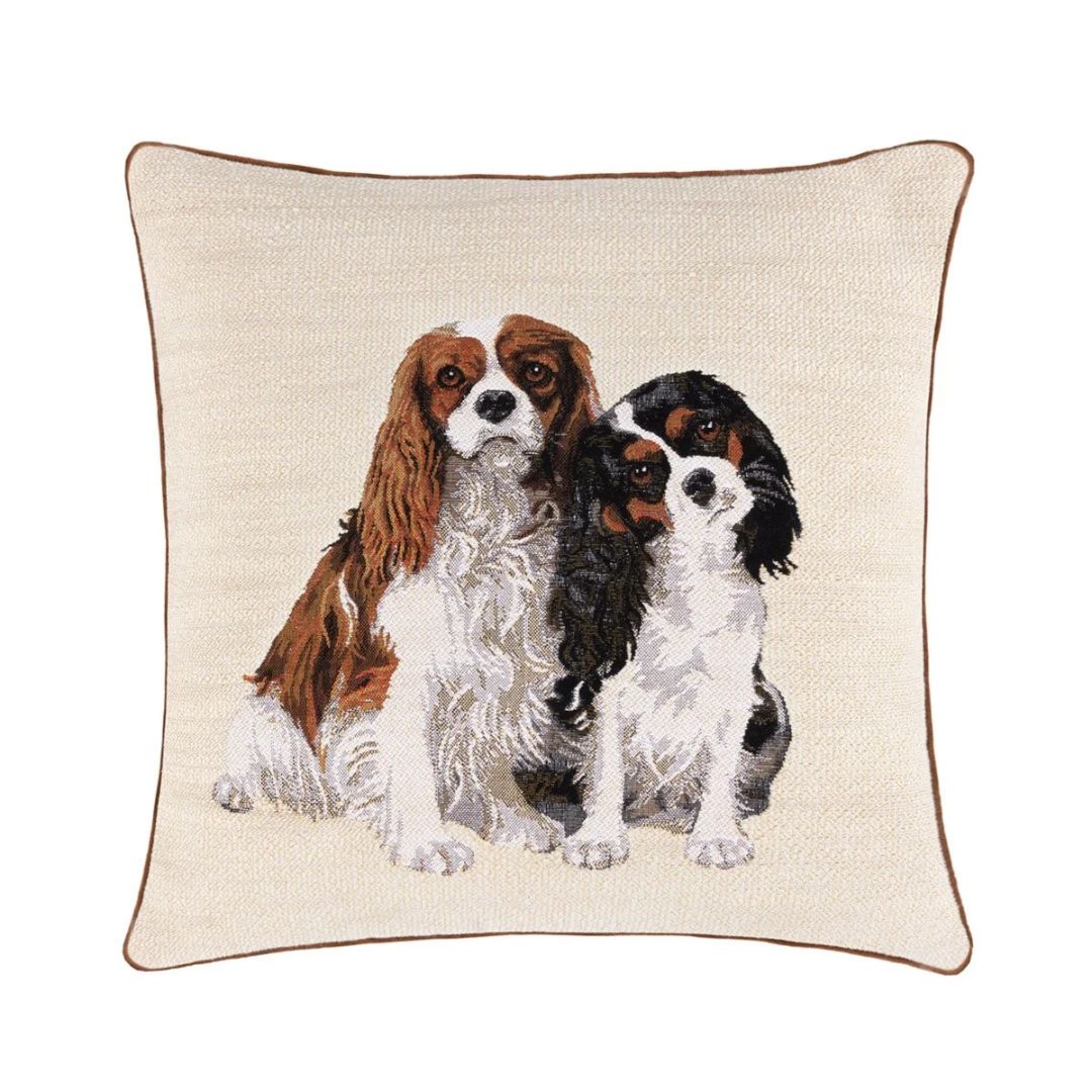 Square cotton jacquard tapestry throw pillow featuring a Blenheim and a tricolor Cavalier King Charles Spaniel.