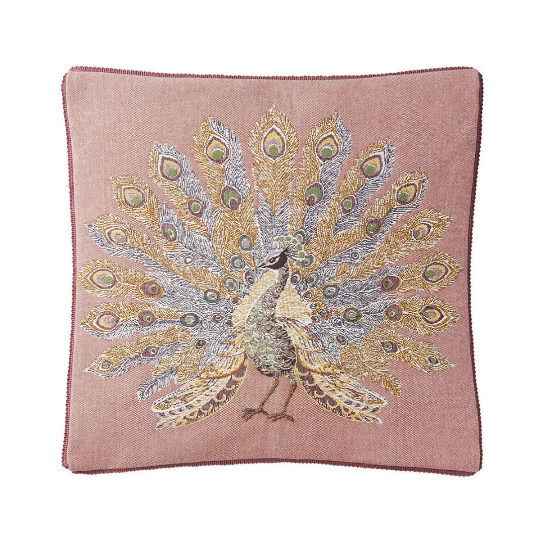 Pink cotton jacquard tapestry square pillow featuring a decorative peacock with a fanned tail.