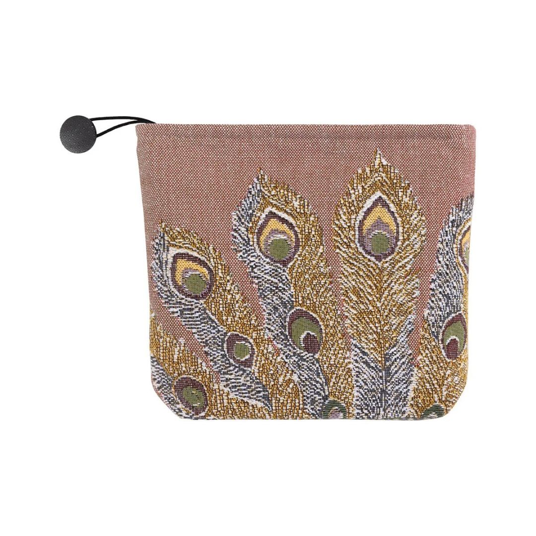 Small zippered pouch featuring a cotton jacquard peacock feather pattern in gold, brown, and green.