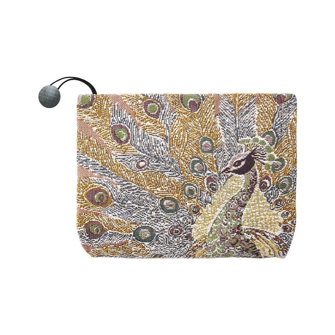 Rectangular cotton jacquard tapestry pouch featuring a colorful peacock design and a small circular zipper pull.