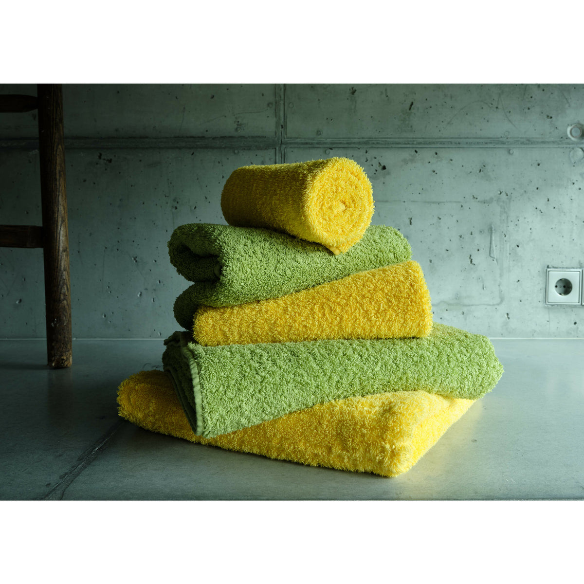 Abyss Super Pile Bath Towels Folded and Rolled Fine Linens