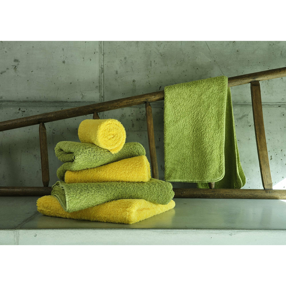 Abyss Super Pile Bath Towels Folded Hung and Rolled Fine Lines