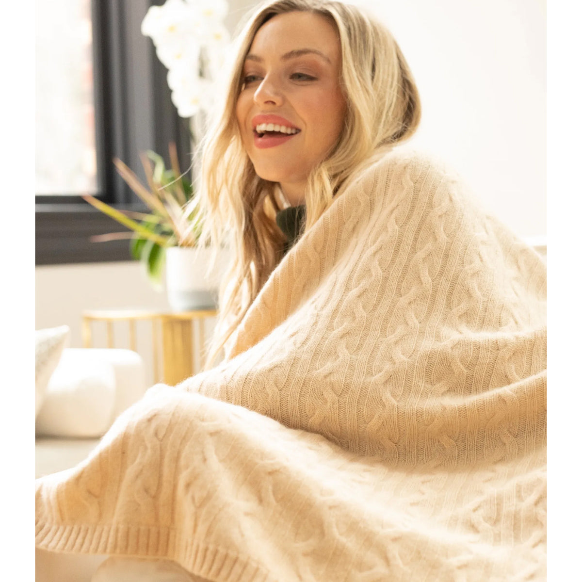 Alashan 100% Cashmere Cozy Cable Knit Throw - Natural