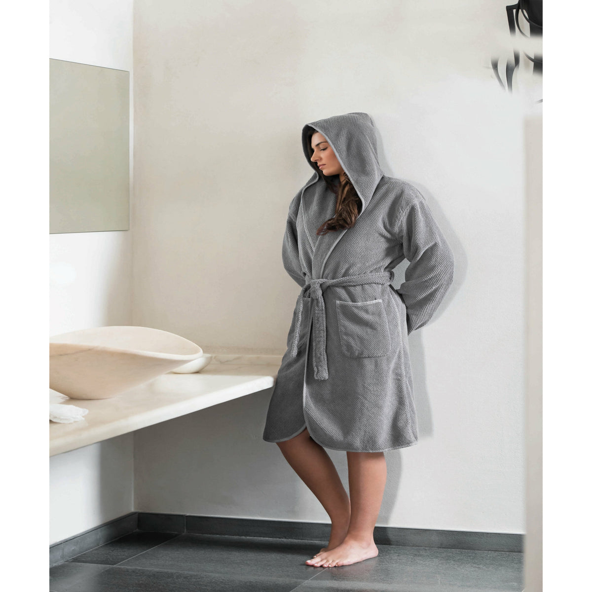 Graccioza Bee Waffle Hooded Robe Swatch Lifestyle Natural Fine Linens