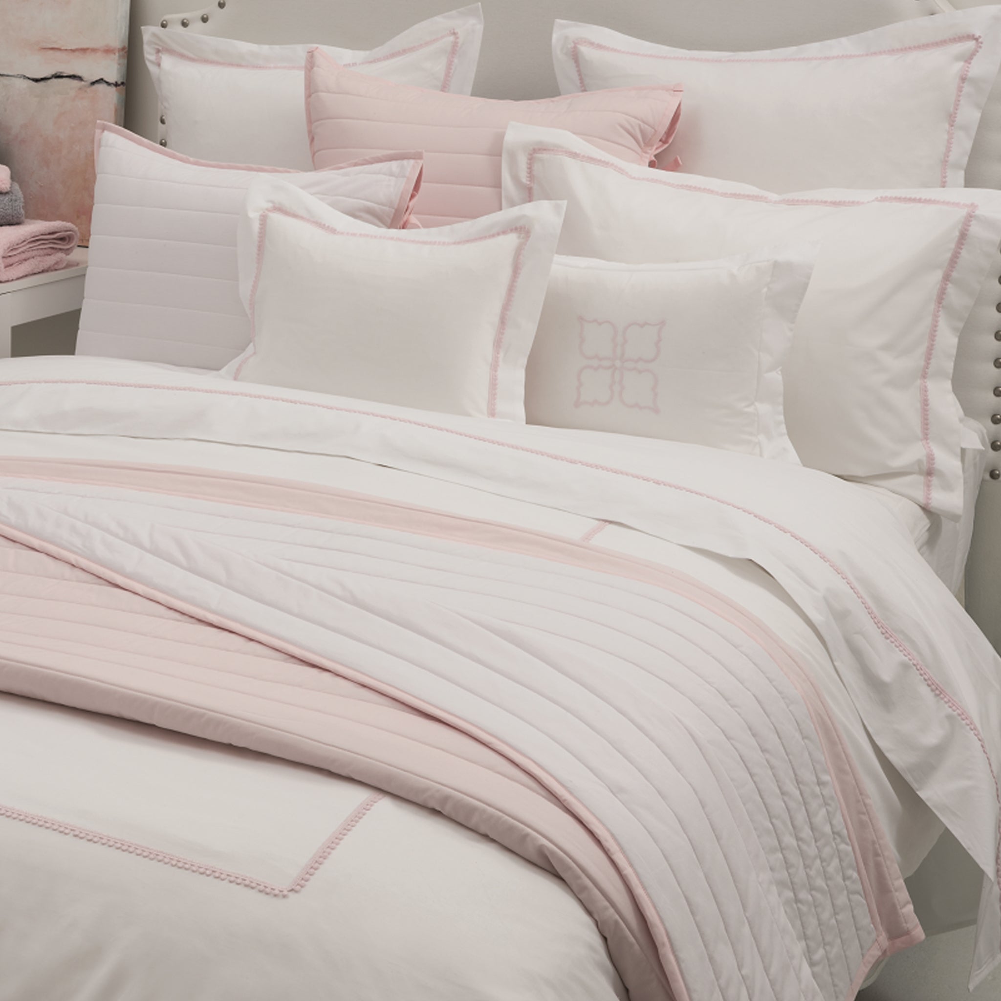 Master Bedroom Decor White Bed With Pink Pillows BOVI Bitsy Dots