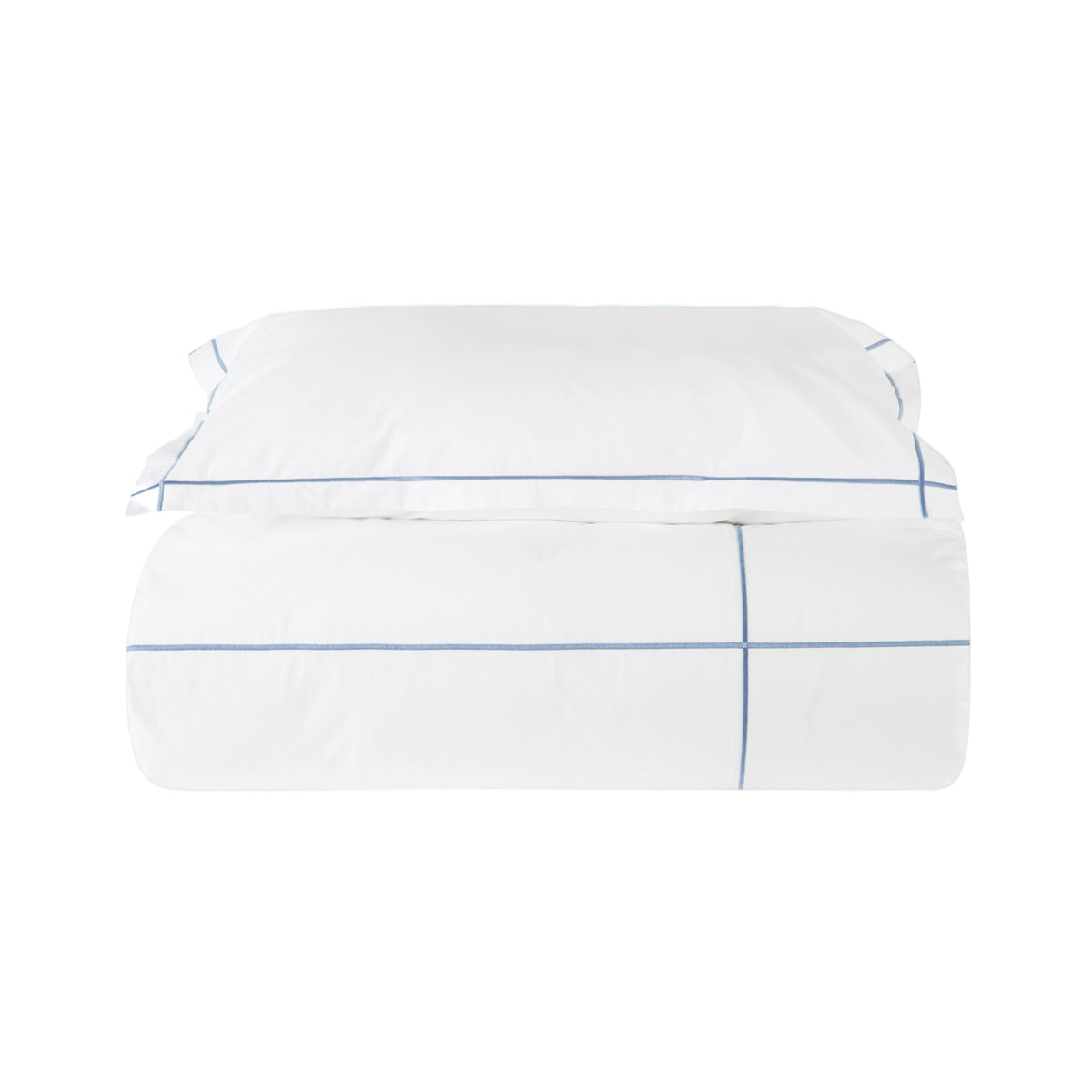 Stacked Folded BOVI Classic Hotel Bedding Duvet Sheet and Pillowcase White Blue Color