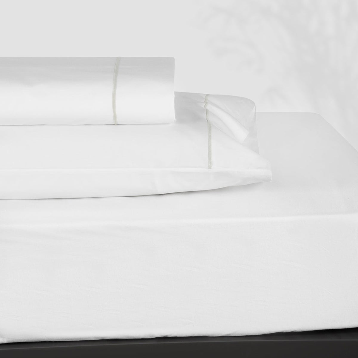 Stack of BOVI Classic Hotel Bedding Sheet Set White/Dove Fine Linens