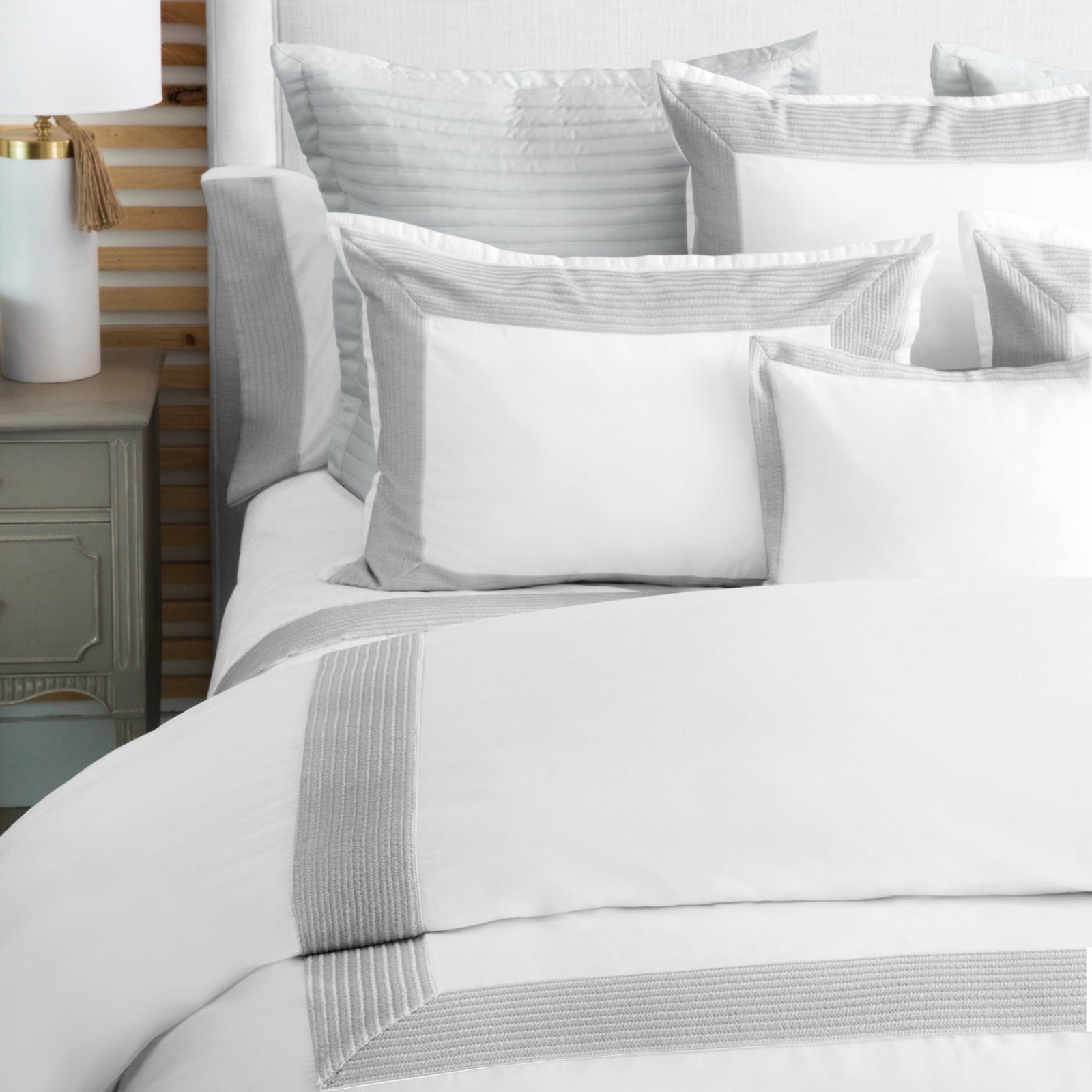 Closeup of BOVI Herron Bedding White Silver