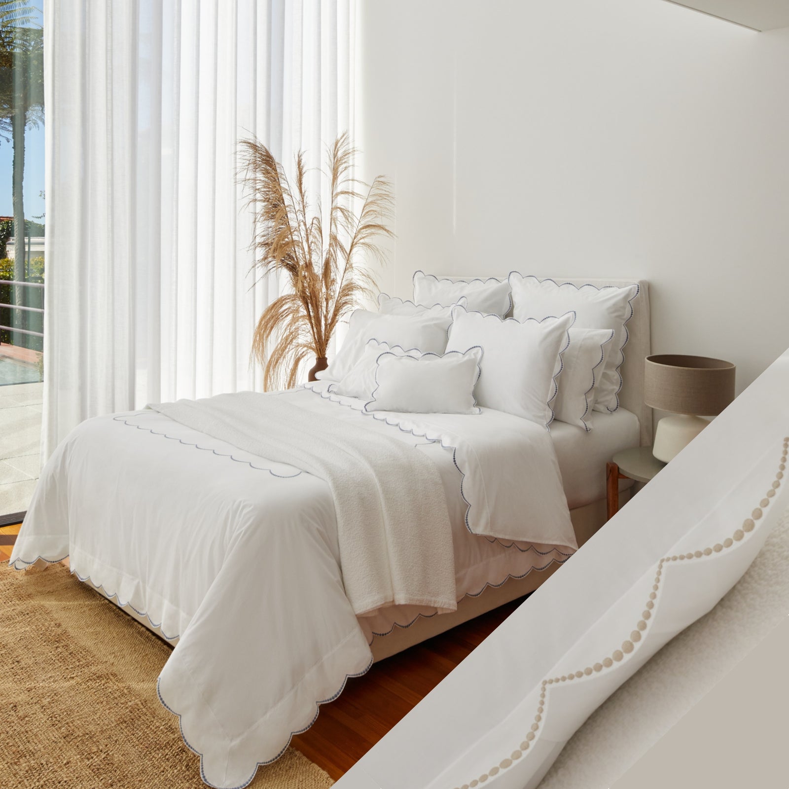 BOVI Nazare Bedding in full in a room with White and Latte Color Swatch