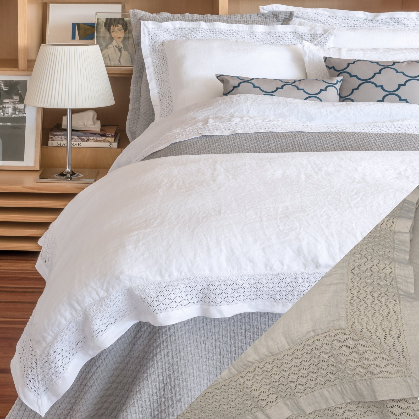 BOVI Vintage Linen Bedding with Swatch of Flax colored fabric