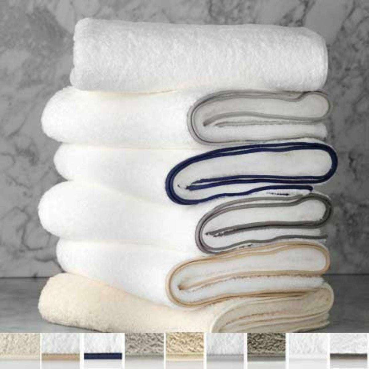 Stack of Matouk Cairo Bath Towels and Mats with Other Color Options