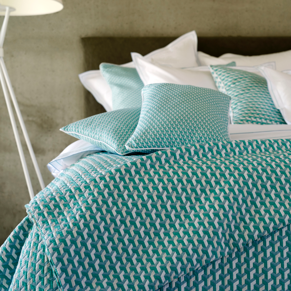 Lifestyle Shot of Bed Cover of Celso de Lemos Tea Collection in Atlantic Color