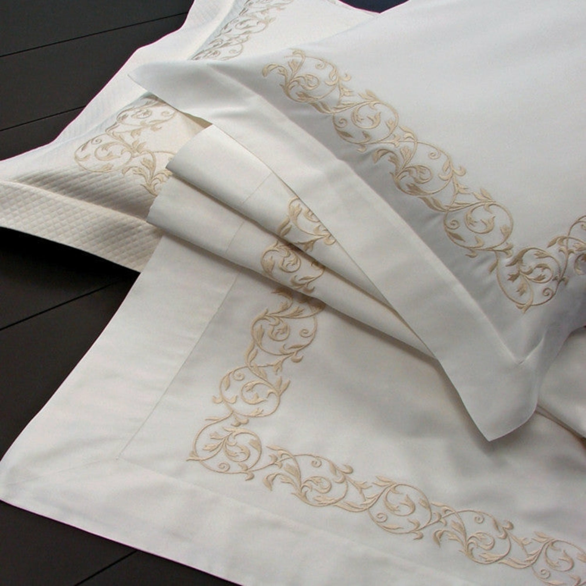 Dea Ramages Florentine Scroll Embroidered Bedding Main Ivory/Beige Fine Linens
