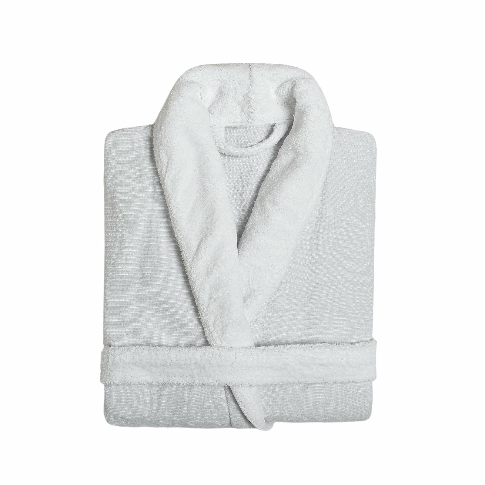 A white, double-toned Graccioza bath robe with a shawl collar, displayed on a flat surface.