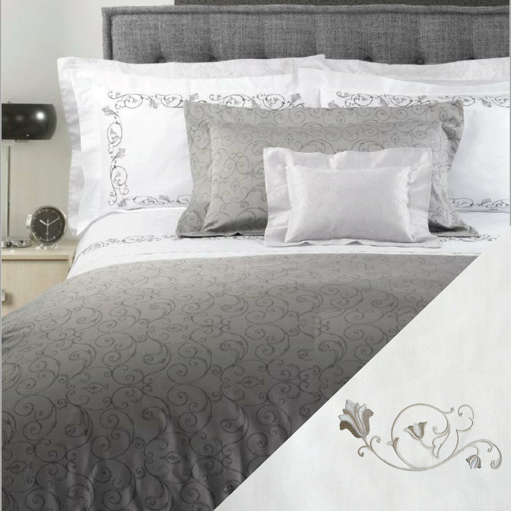 Dea Broccato Embroidered Bedding Main Ivory/Taupe Fine Linens
