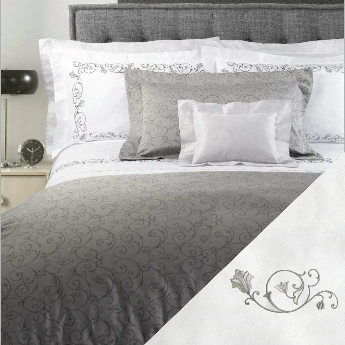 Dea Broccato Embroidered Bedding Main White/Charcoal Grey Fine Linens