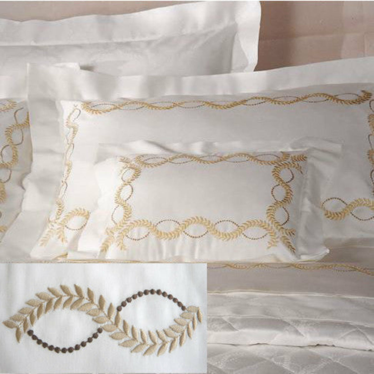 Dea Diana Embroidered Bedding  Ivory/Chocolate Fine Linens