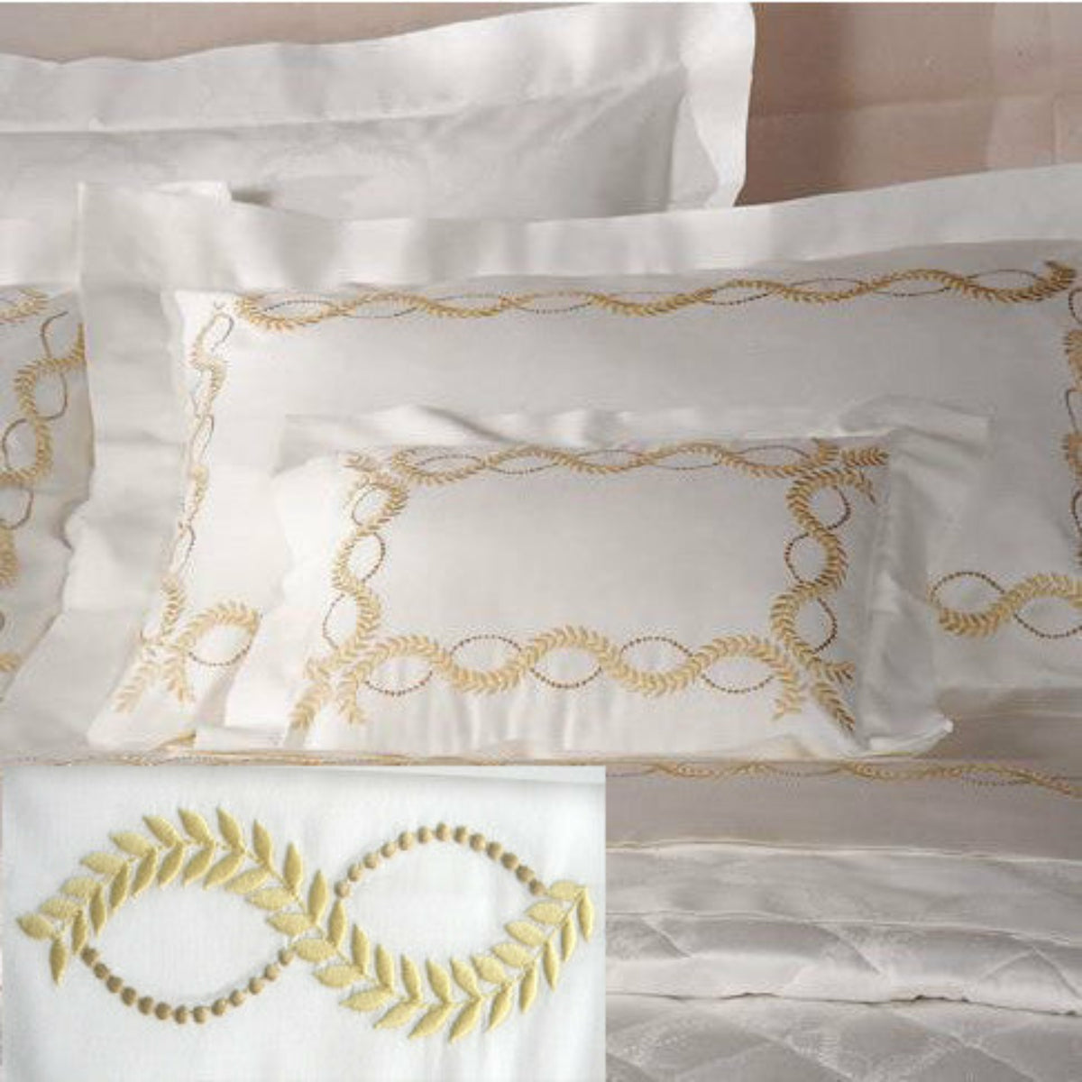 Dea Diana Embroidered Bedding  Ivory/Gold Fine Linens