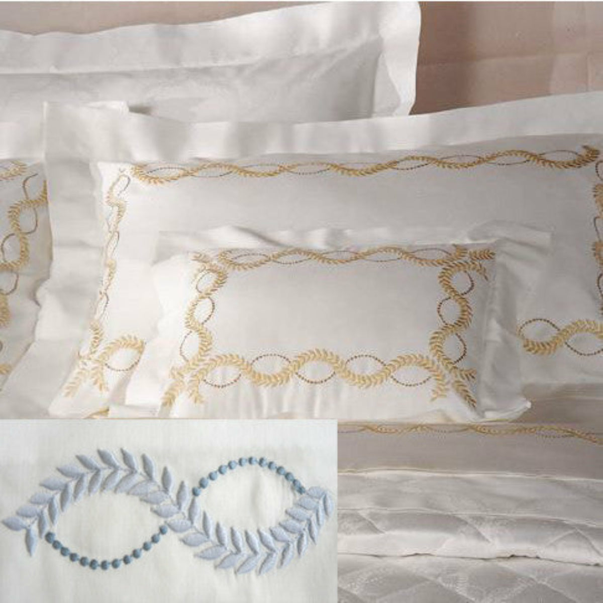 Dea Diana Embroidered Bedding Ivory/Sea Blue Fine Linens