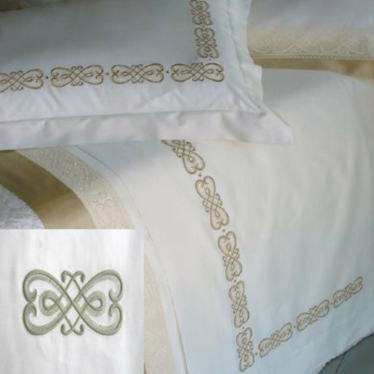 Dea Gianna Embroidered Bedding Ivory/Sage Fine Linens