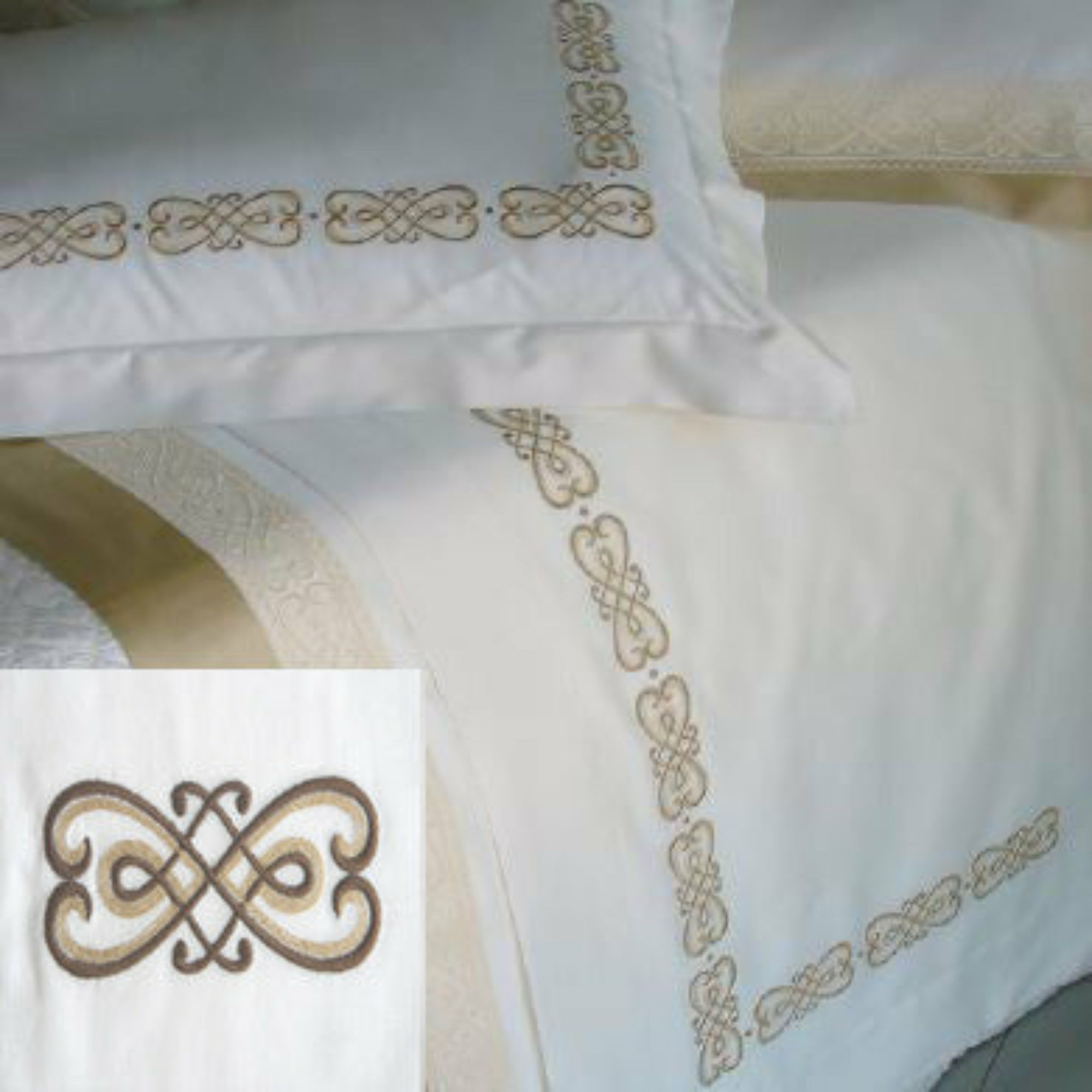 Dea Gianna Embroidered Bedding White/Dark Chocolate Fine Linens