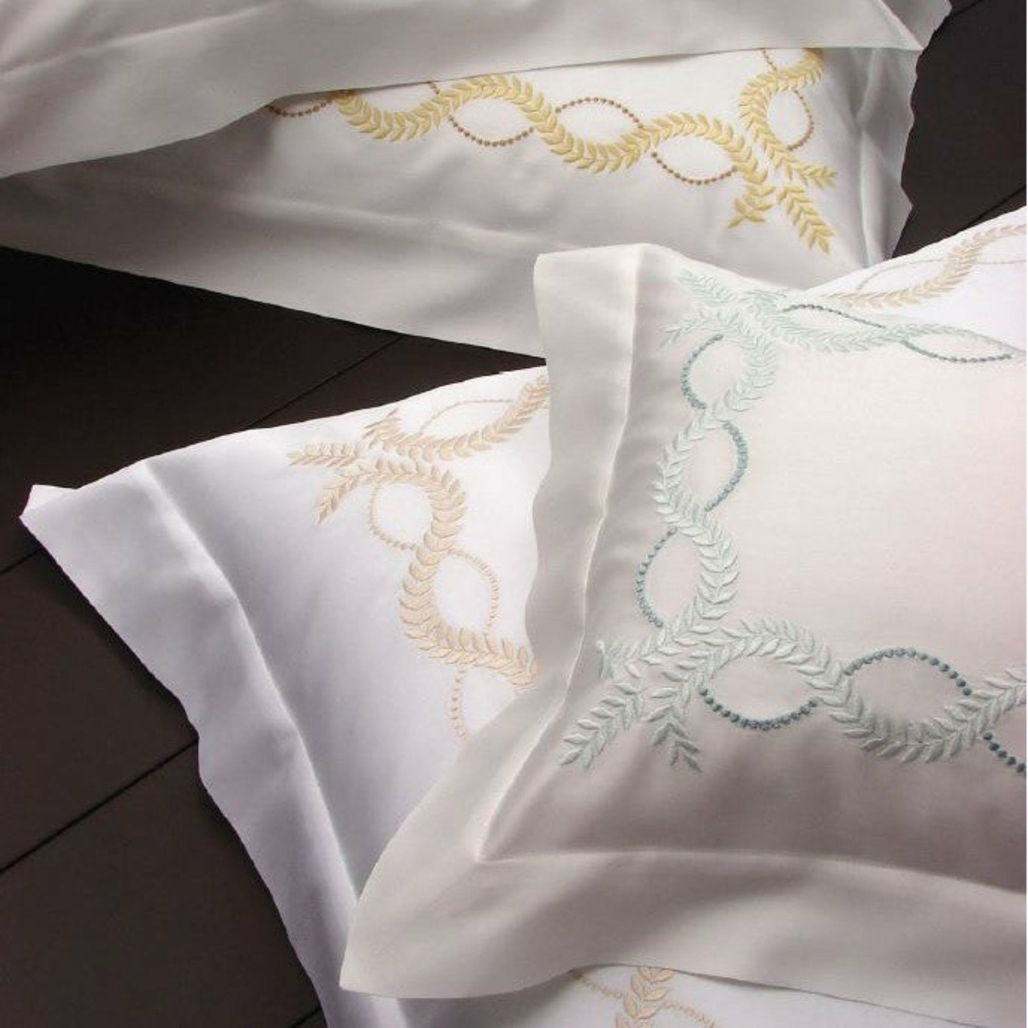 Dea Diana Embroidered Bedding Lifestyle Ivory/Aqua Fine Linens