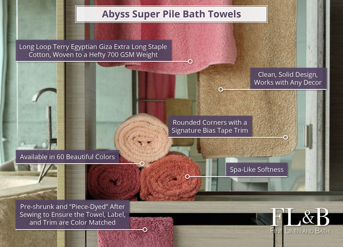 Rolls and Hanging Abyss Super Pile Bath Towels of Different Colors with Descriptive Labels