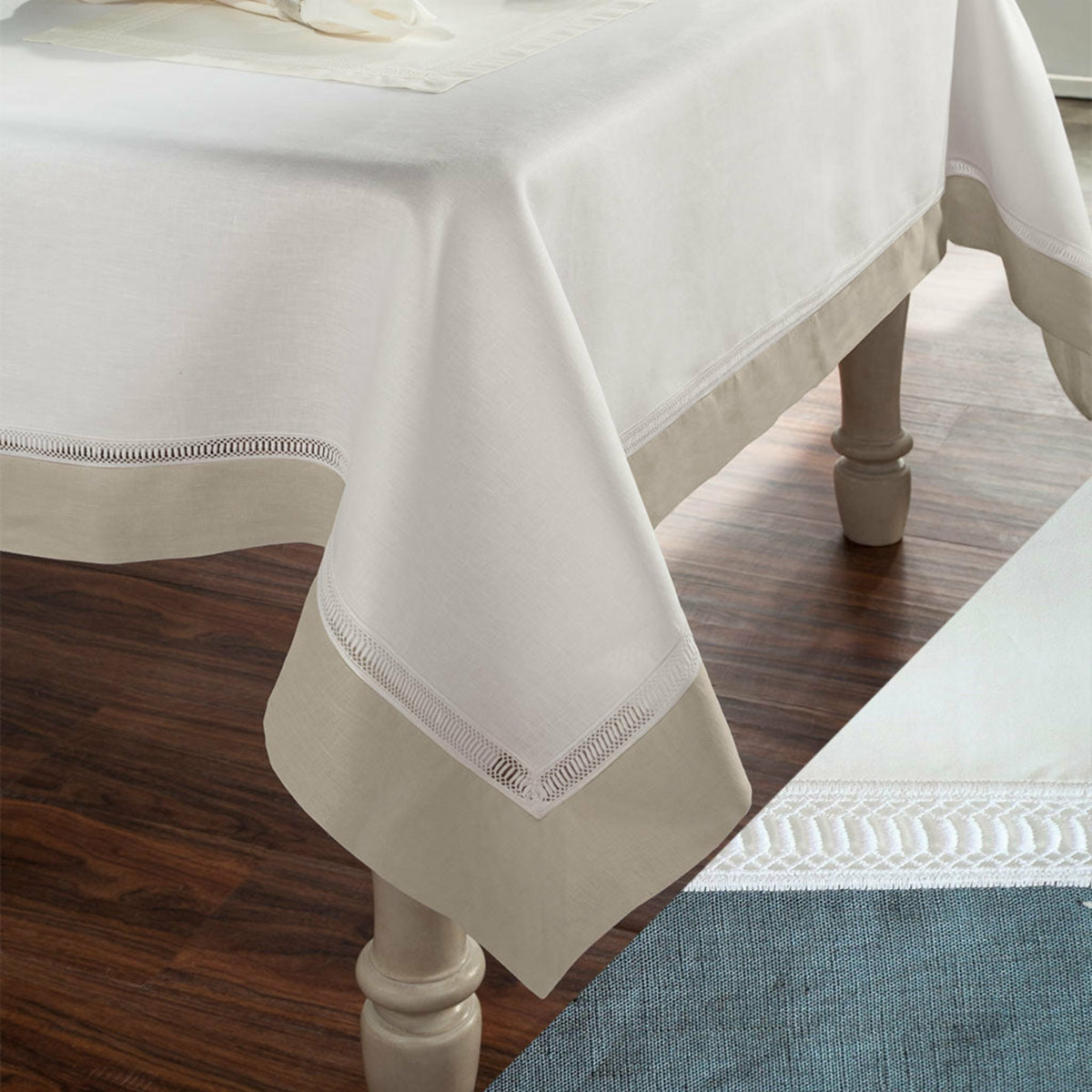 Home Treasures Linea Table Linens White/Dust Blue Fine Linens