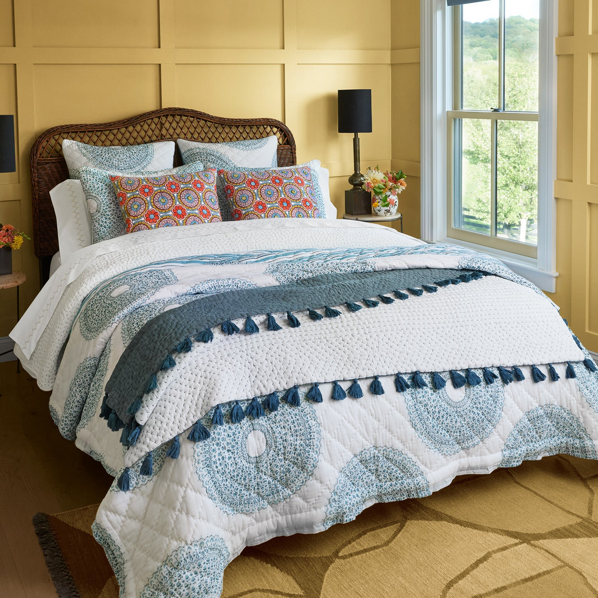 Combination of John Robshaw Lapis Quilt and Shams Peacock Color with Other Bedding Collections