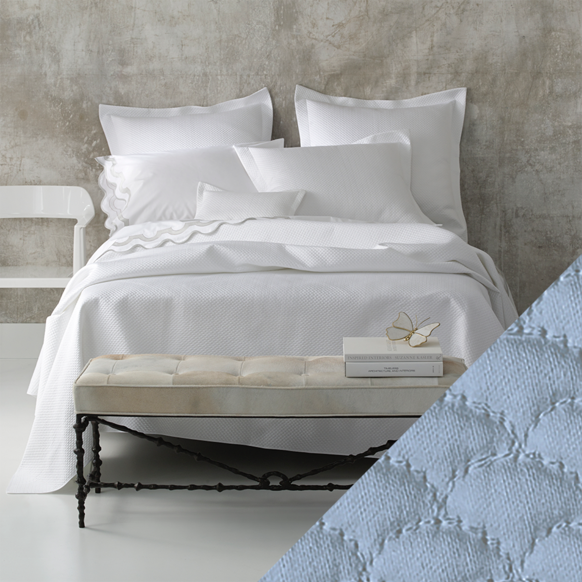 Full View of Matouk Alba Bedding with Hazy Blue Color Sample