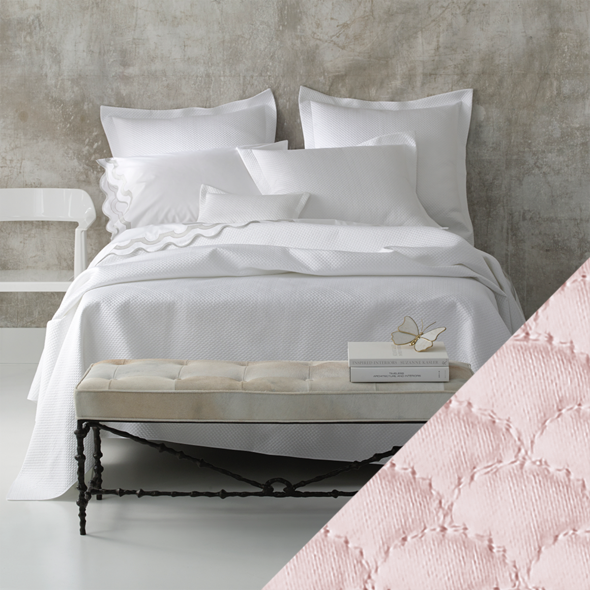 Full View of Matouk Alba Bedding with Pink Color Sample