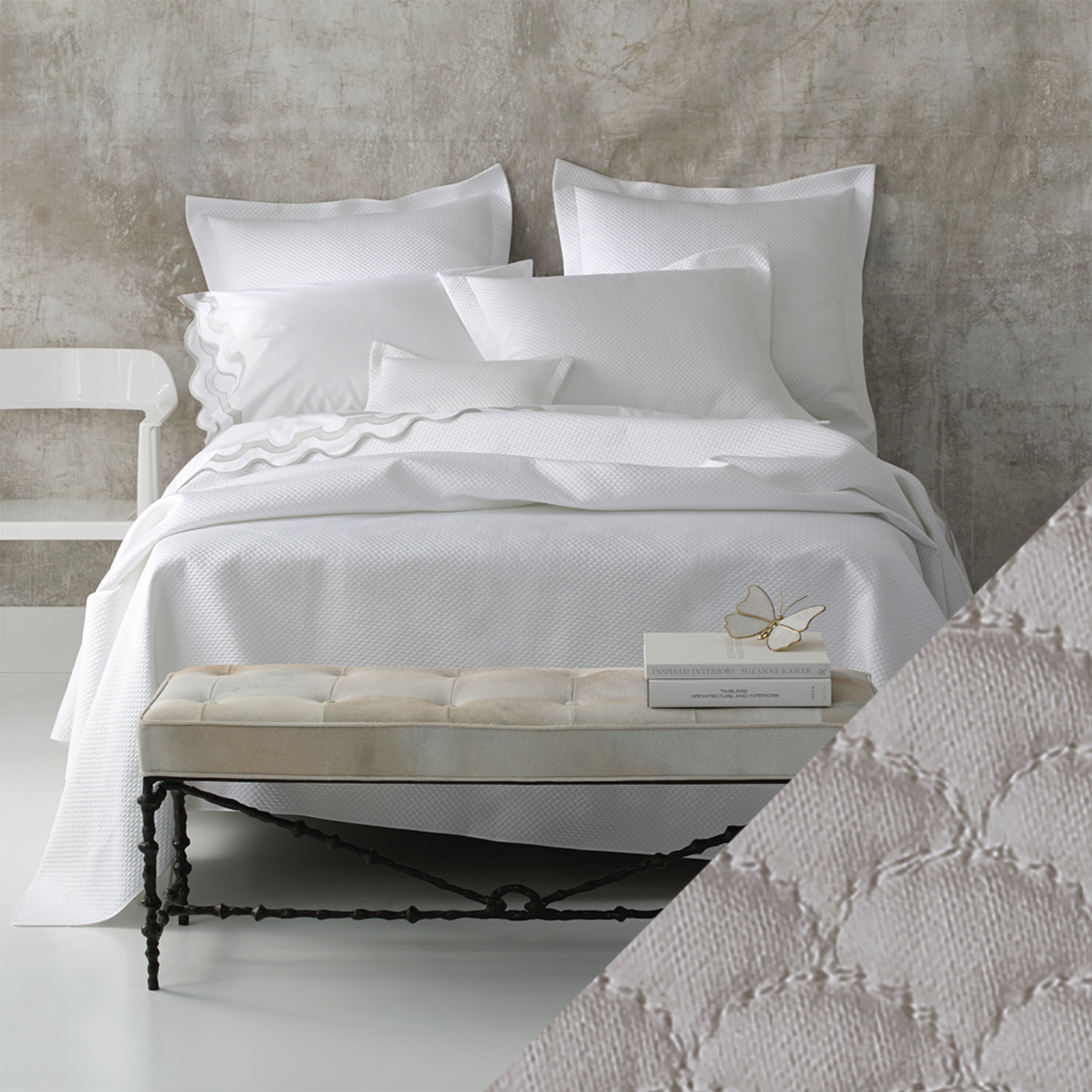 Full View of Matouk Alba Bedding with Platinum Color Sample