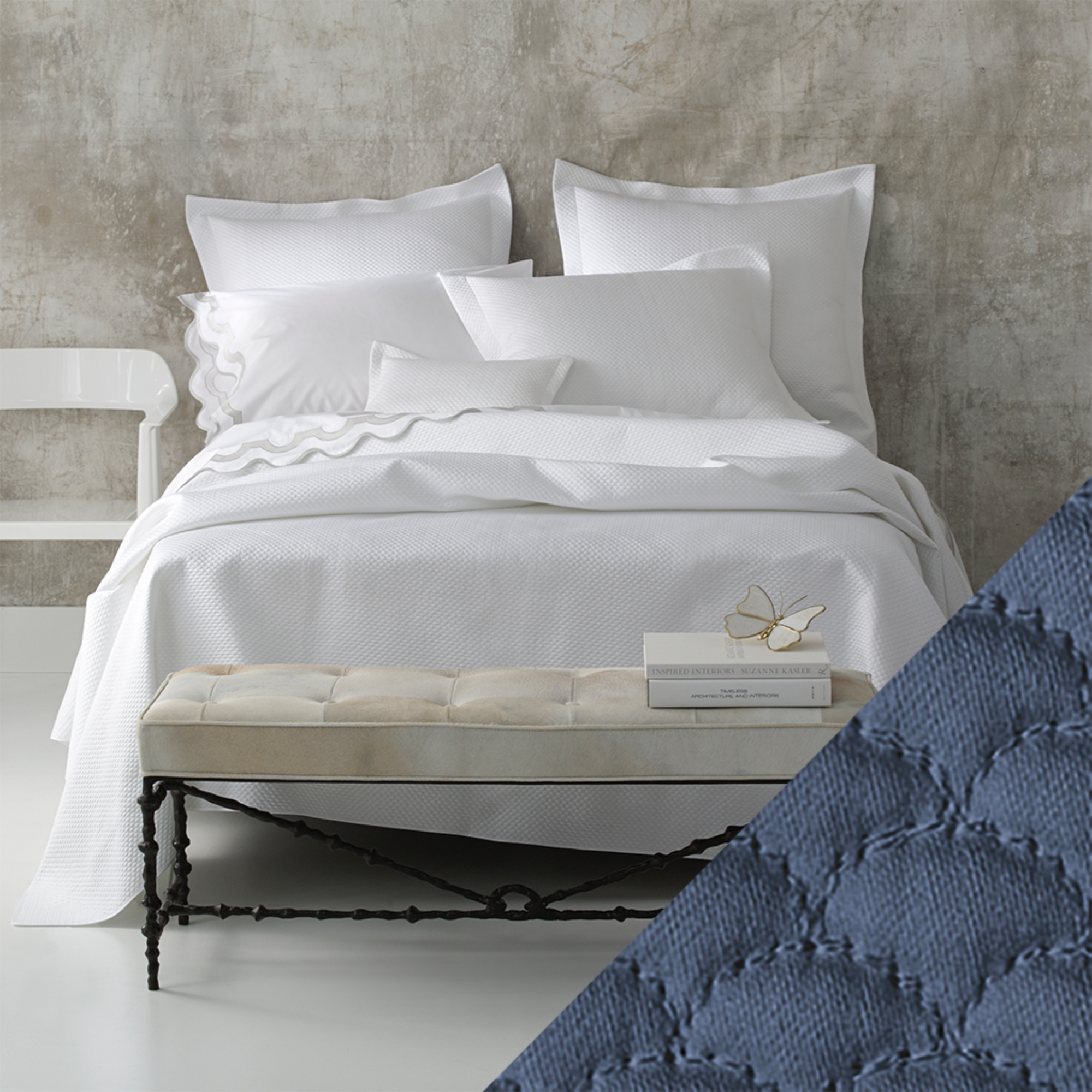 Full View of Matouk Alba Bedding with Steel Blue Color Sample