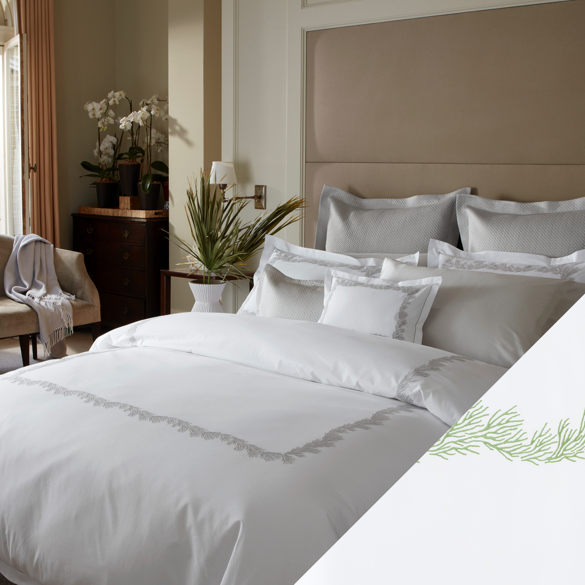 Full Lifestyle Image of Matouk Atoll Bedding Collection with Swatch of Grasshopper