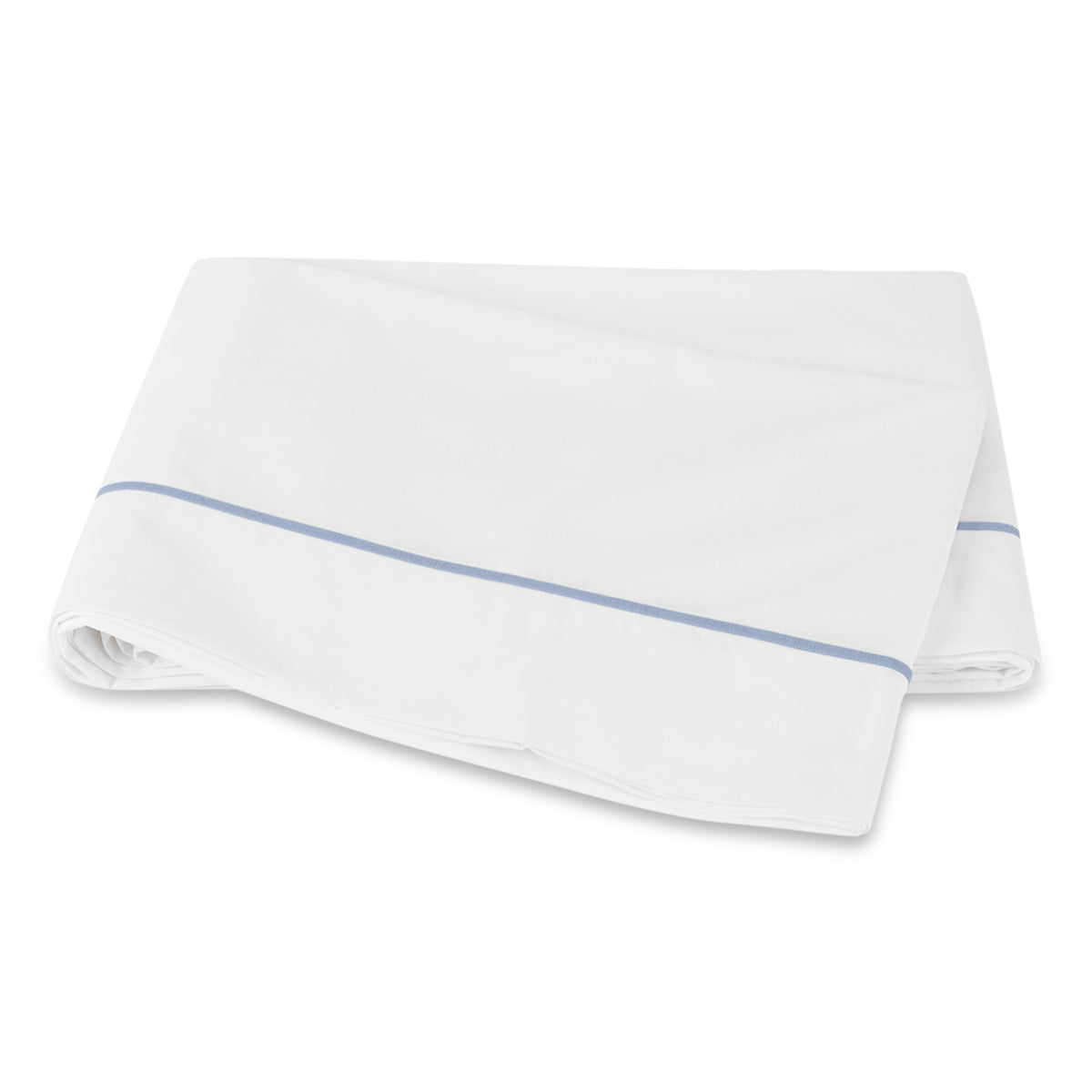 Matouk Bergamo Satin Stitch Bedding Flat Sheet Hazy Blue Fine Linens