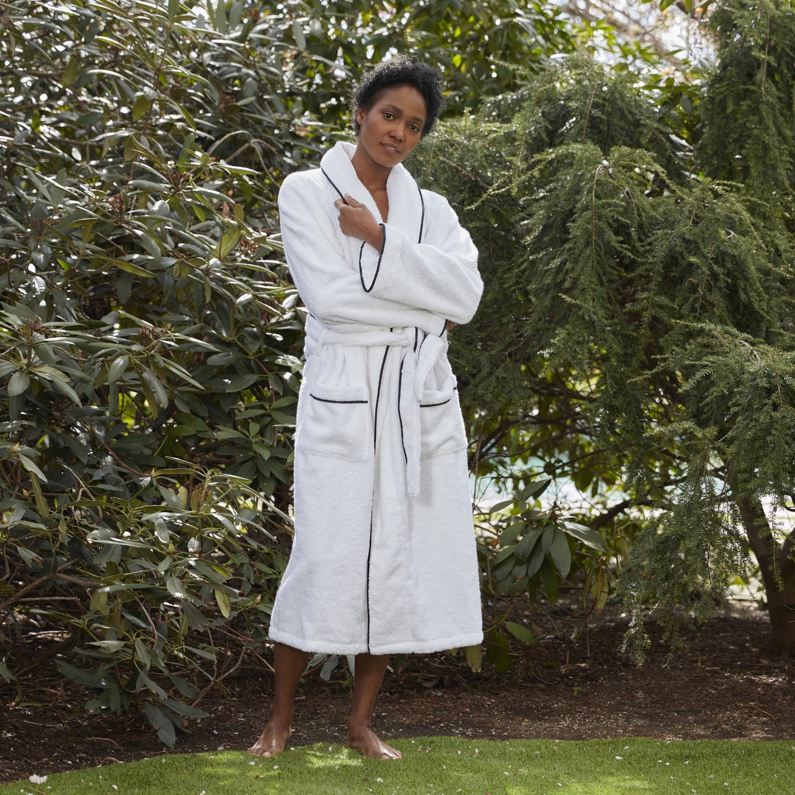 Model wearing Matouk Cairo Bath Robe