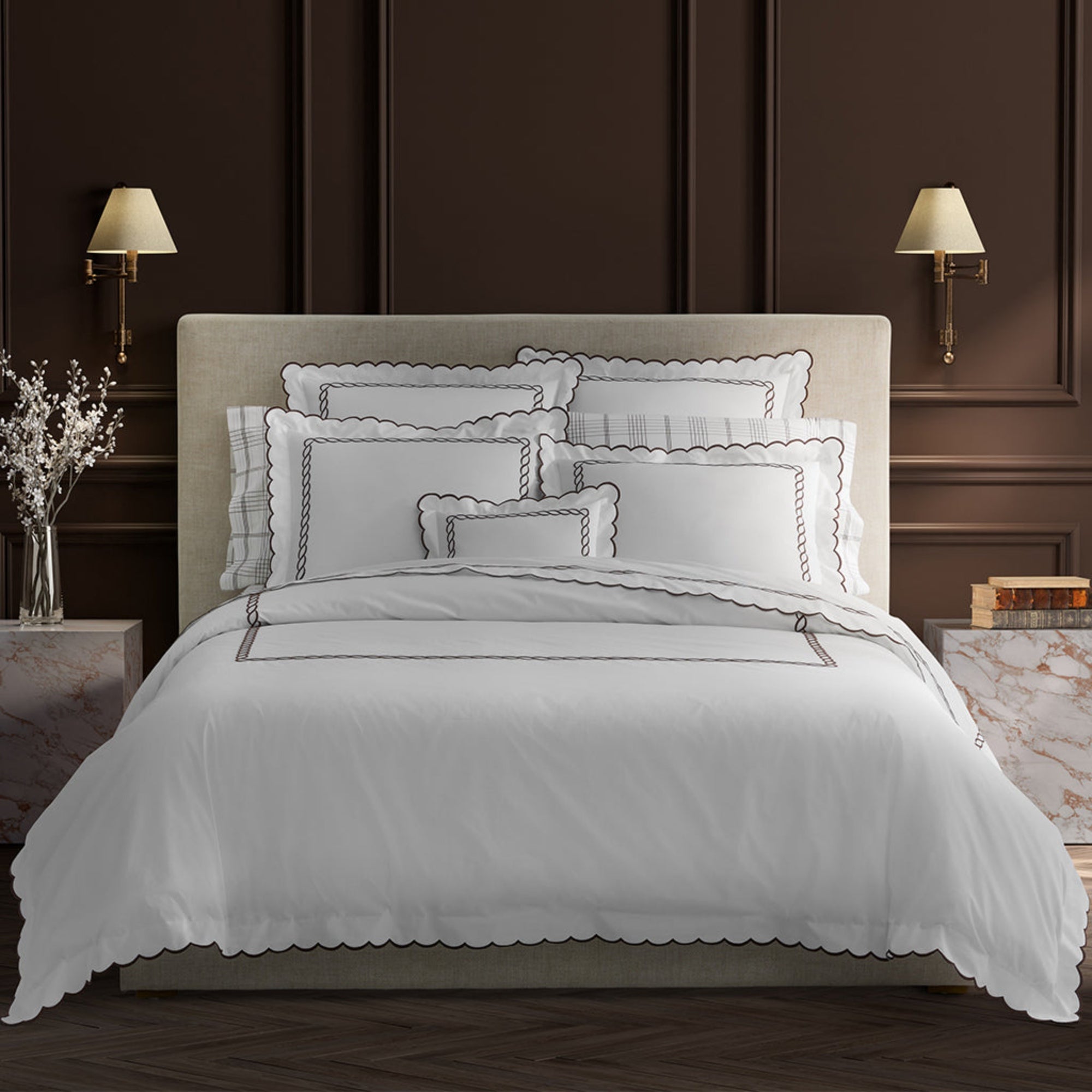 Matouk Classic Chain Scallop Bedding Mocha Fine Linens