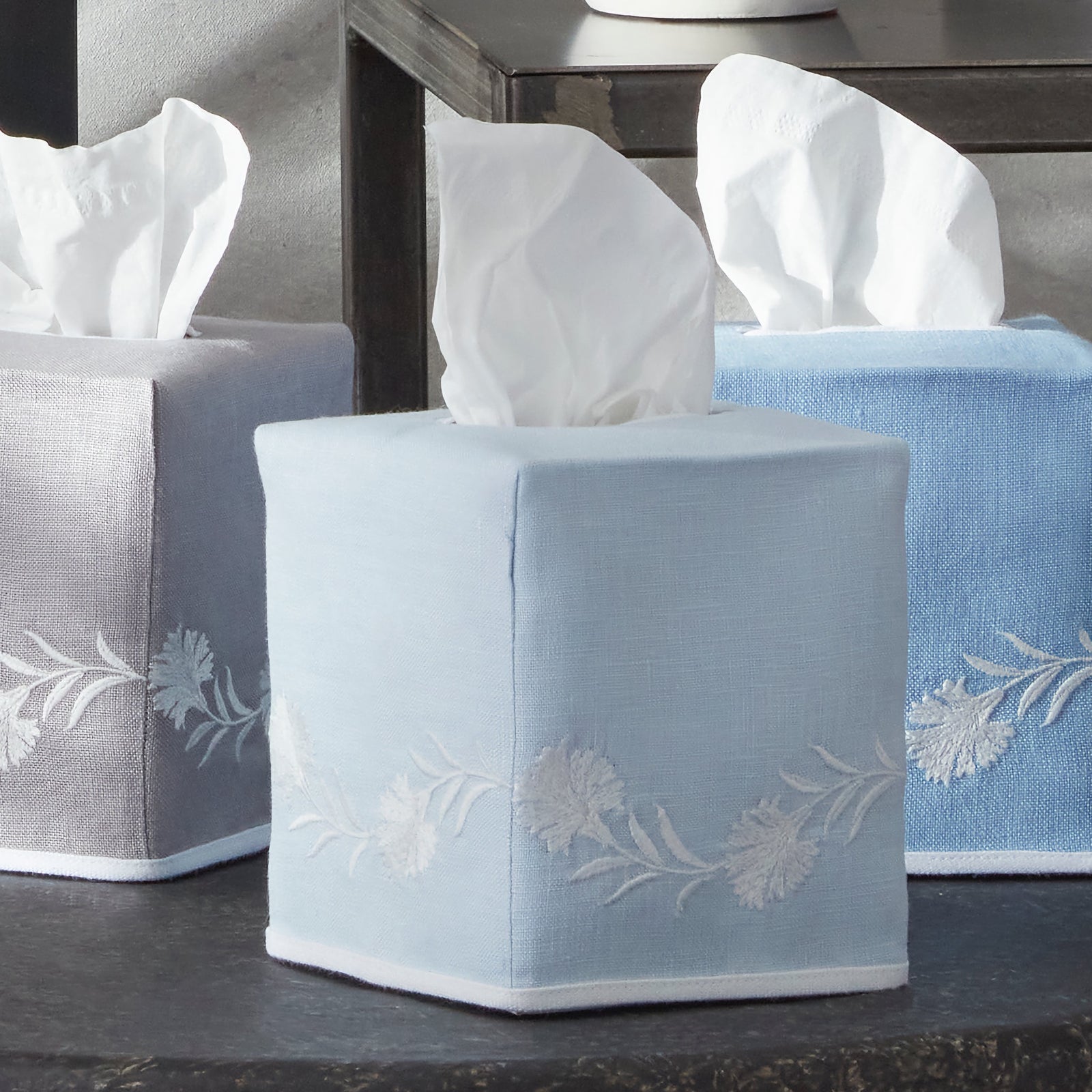 Matouk Daphne Tissue Box Cover - Ice Blue / White