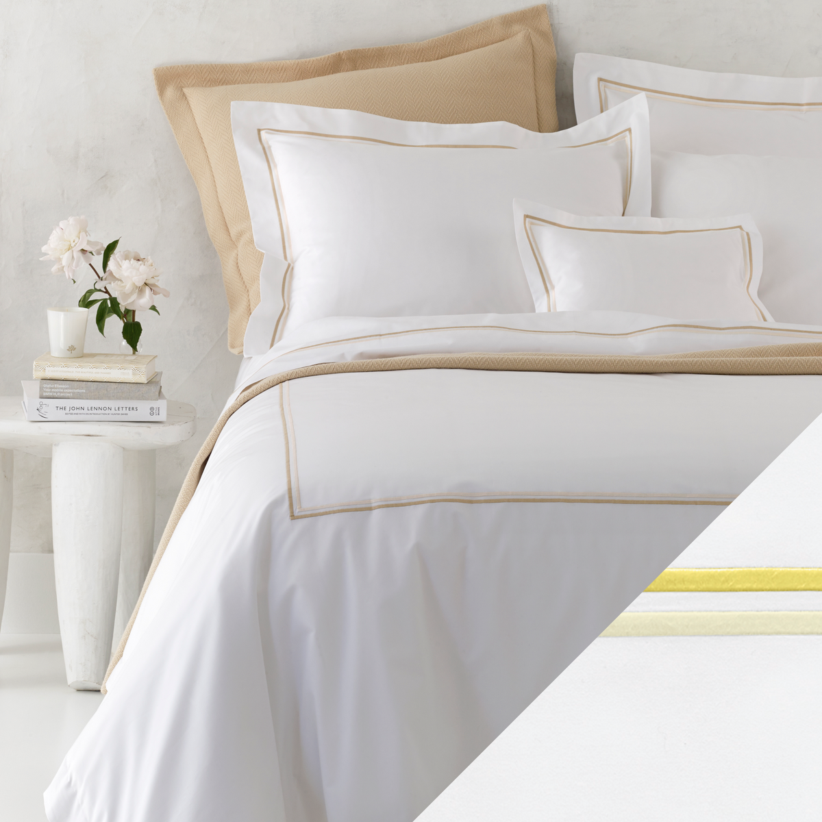 Full Bedding with Swatch Sample of Lemon Color Matouk Essex Bedding Collection