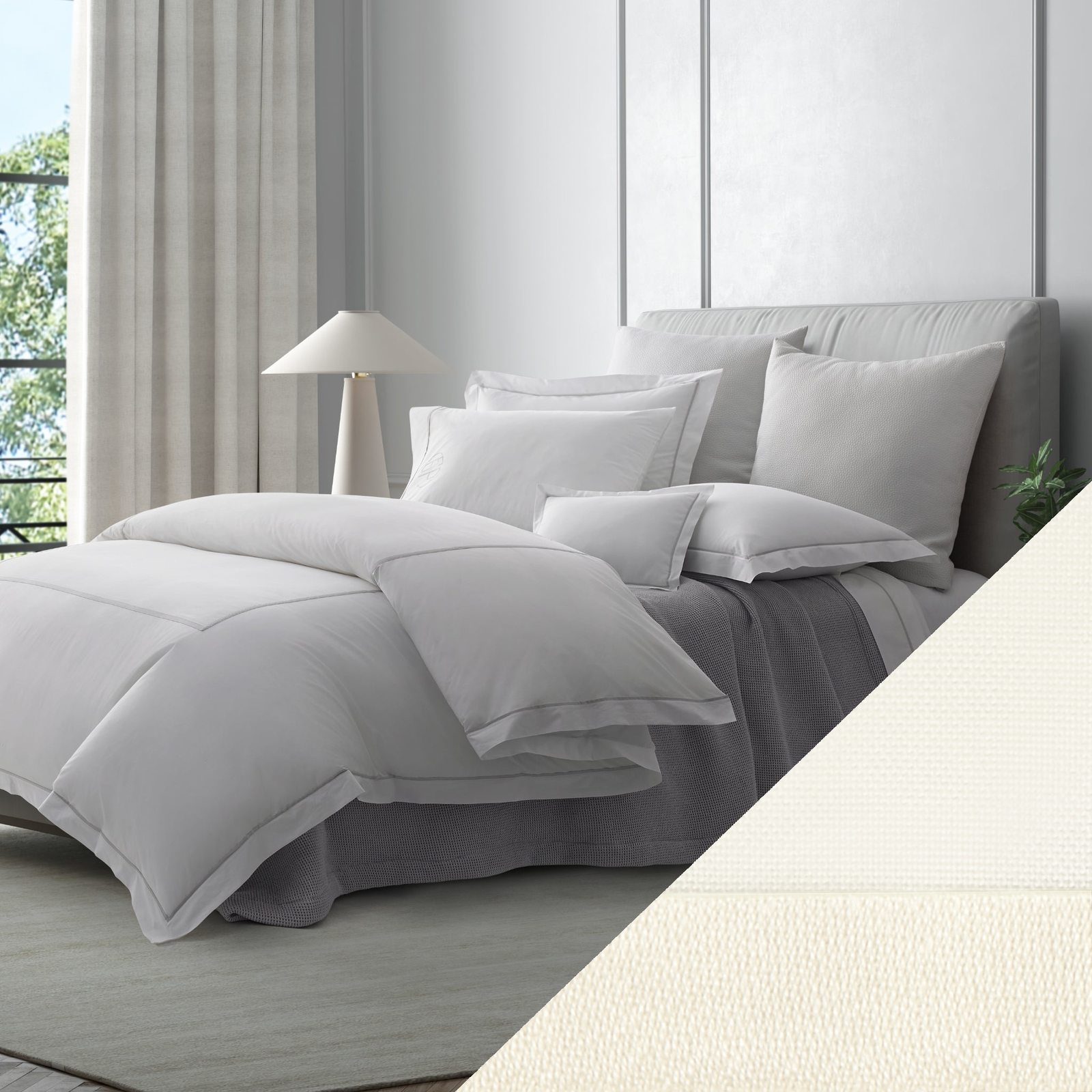 Full Lifestyle Image of Matouk Gatsby Bedding Collection with Swatch of Ivory/Ivory