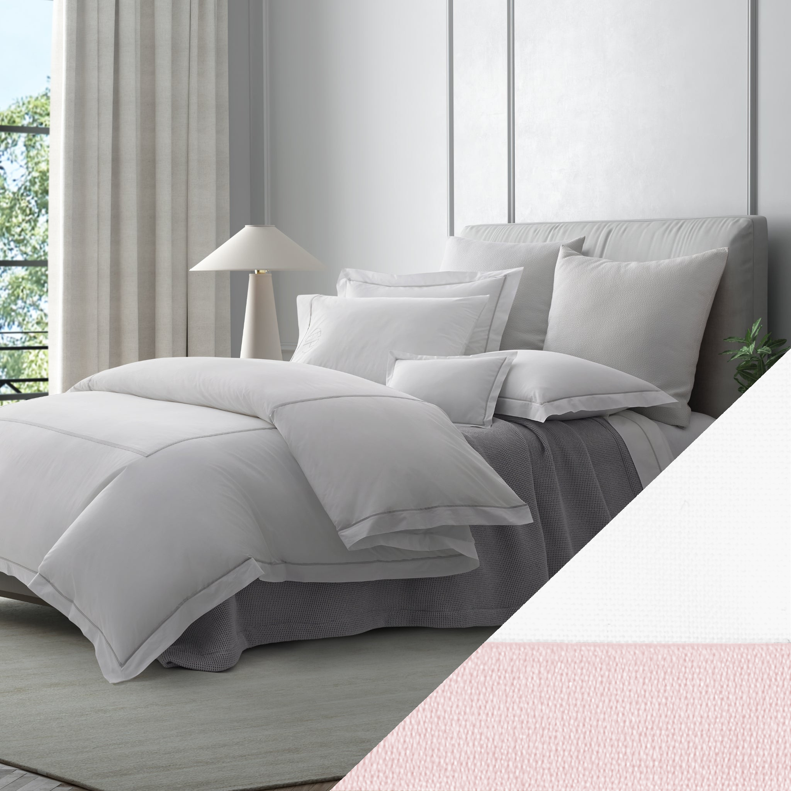 Full Lifestyle Image of Matouk Gatsby Bedding Collection with Swatch of Pink