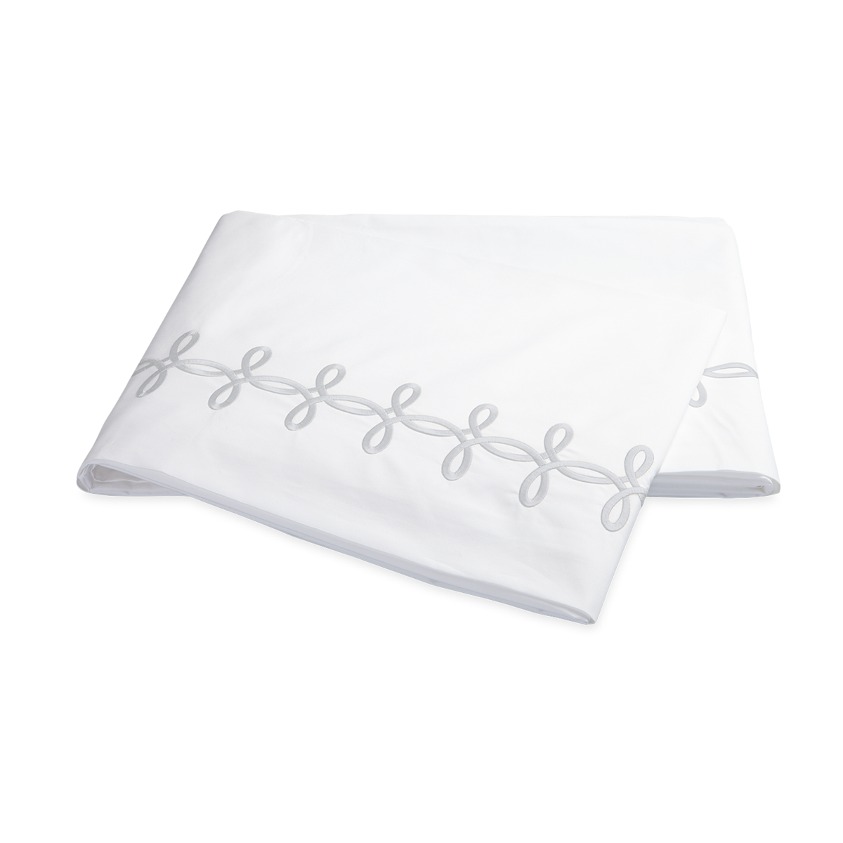 Folded Flat Sheet of Matouk Gordian Knot Bedding Silver Color