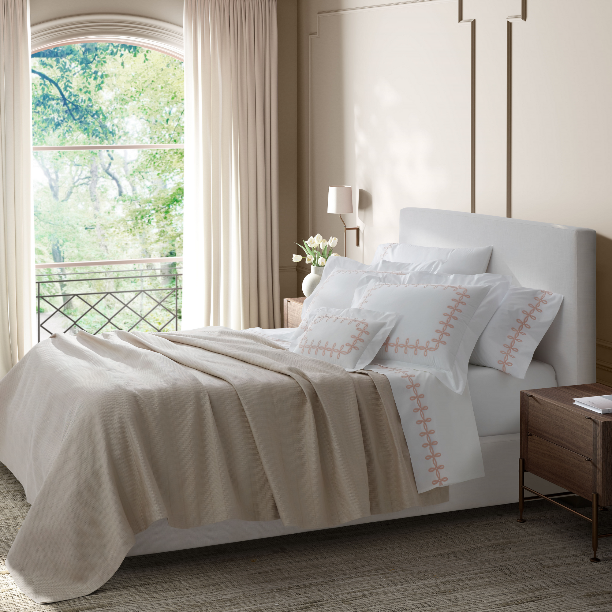 Full View of Matouk Gordian Knot Bedding Lifestyle Blush