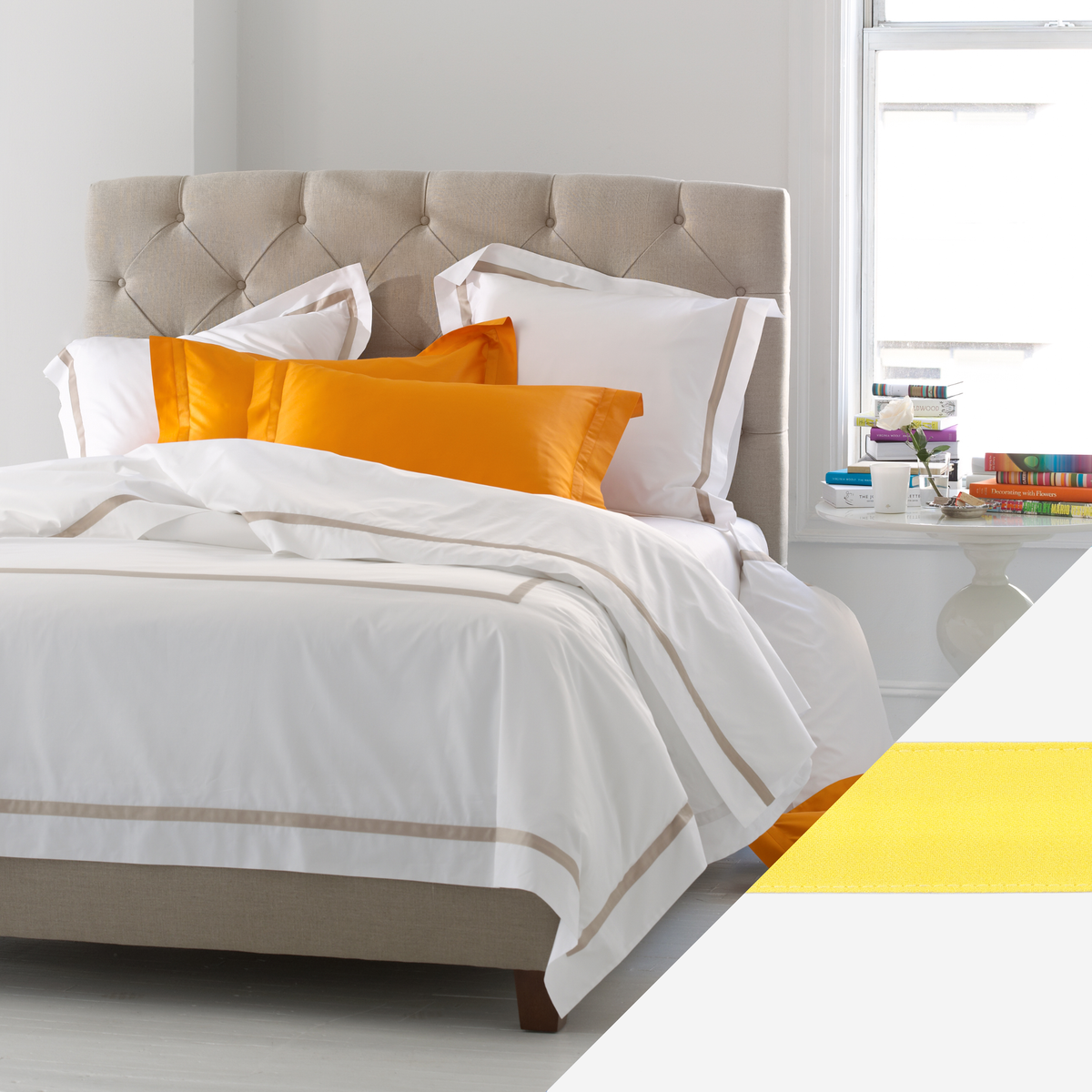 Full Bedding Of Matouk Lowell Collection with Lemon Swatch