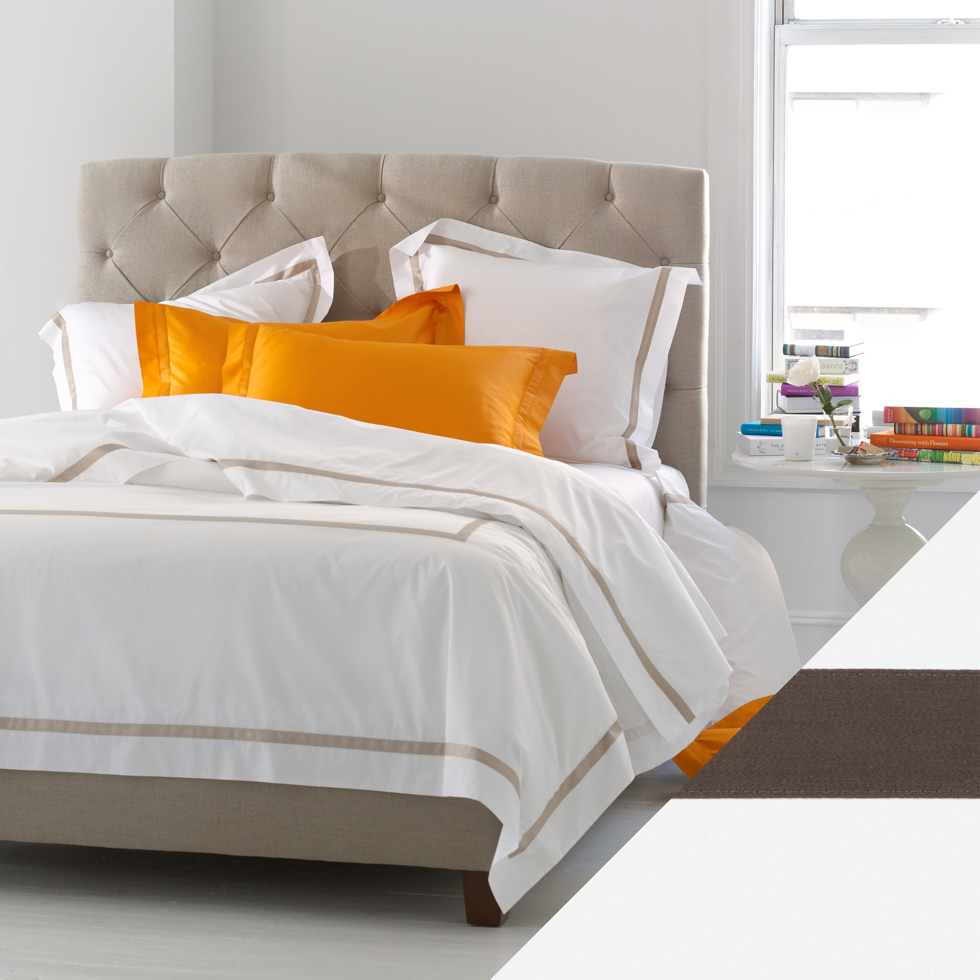 Full Bedding Of Matouk Lowell Collection with Sable Swatch