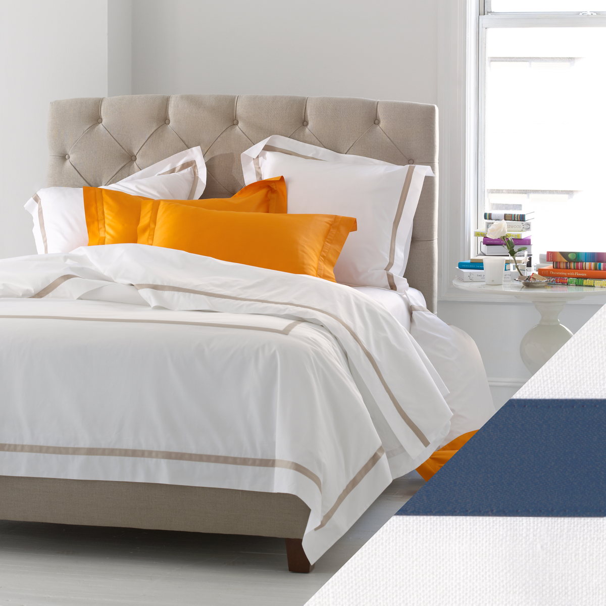 Full Bedding Of Matouk Lowell Collection with Steel Blue Swatch