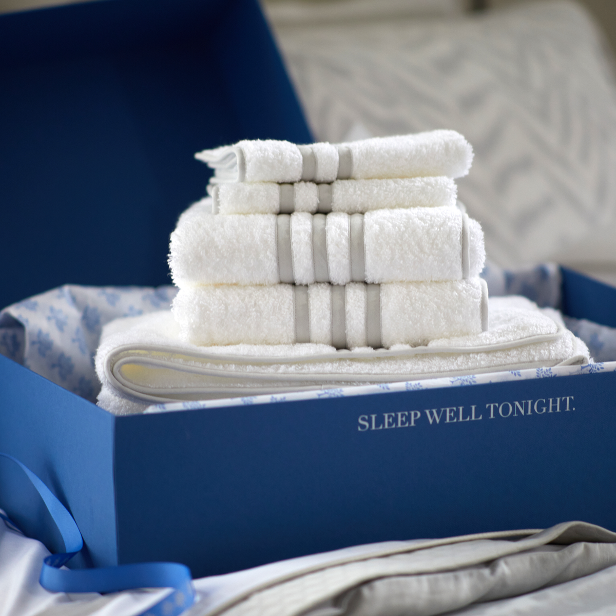 Front View of Matouk Newport Bath Towels in Gift Box