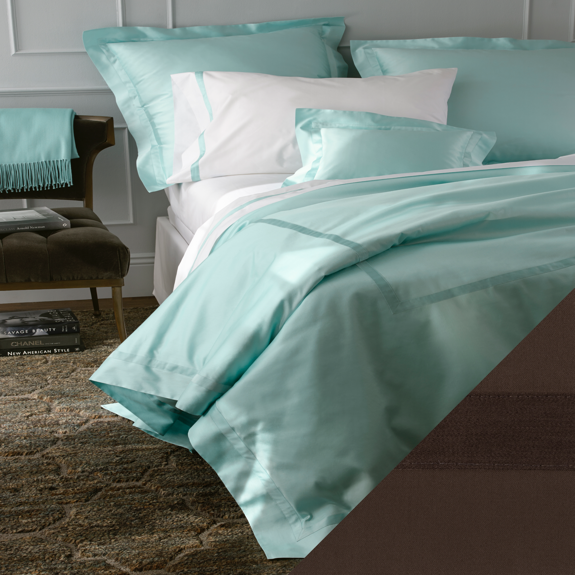Matouk Nocturne Collection in Full Bedding with Sable Colored Swatch